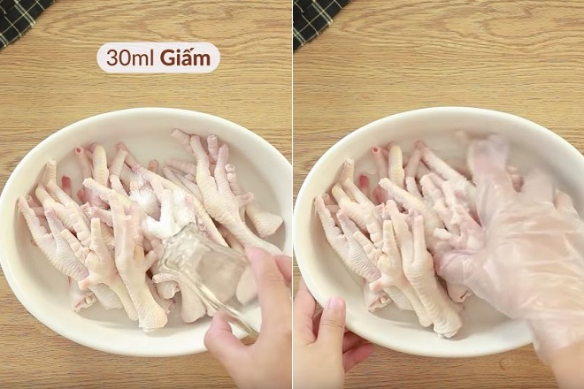 Sơ chế chân gà sạch kỹ lưỡng với dấm và muối để khử mùi hồi của chân gà