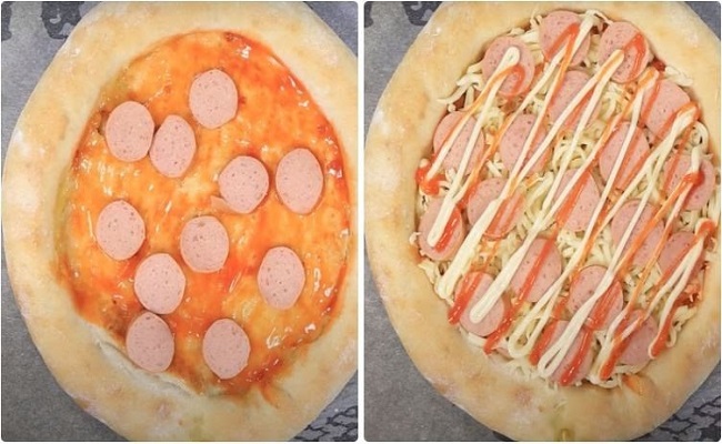 Cho topping lên bề mặt bánh pizza